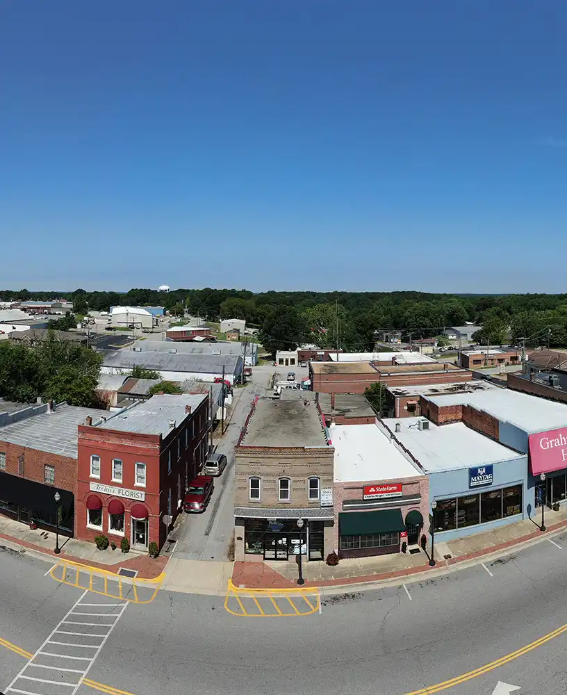 Drone Image of Mecklenburg Ave taken directly above our South Hill Office