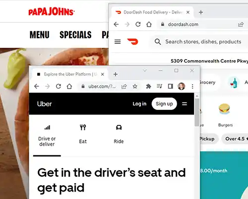 Screen Shots of Uber, Papajohns and Door dash's web sites