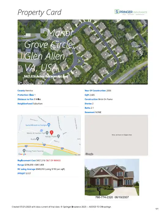 Proprietary Replacement Cost Estimation Card