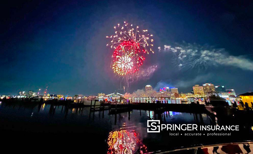 Fireworks over Waterside marina in Norfolk Virginia